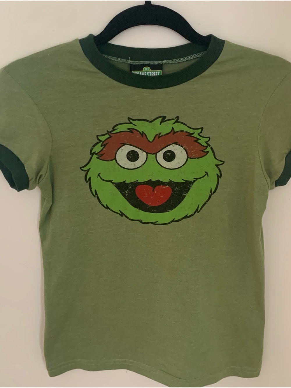 Vintage Sesame Street Green Oscar the Grouch Ringer Tee - Olive & Dark Green